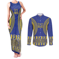Fakaalofa Lahi Atu Niue Couples Matching Tank Maxi Dress and Long Sleeve Button Shirt Siapo Pattern With Puakenikeni LT14 Blue - Polynesian Pride