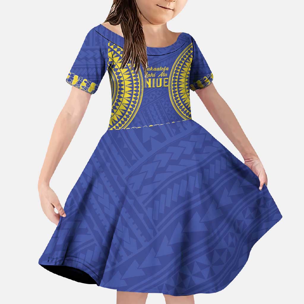 Fakaalofa Lahi Atu Niue Family Matching Tank Maxi Dress and Hawaiian Shirt Siapo Pattern With Puakenikeni LT14 Daughter's Dress Blue - Polynesian Pride