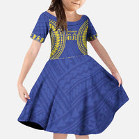 Fakaalofa Lahi Atu Niue Family Matching Tank Maxi Dress and Hawaiian Shirt Siapo Pattern With Puakenikeni LT14 Daughter's Dress Blue - Polynesian Pride