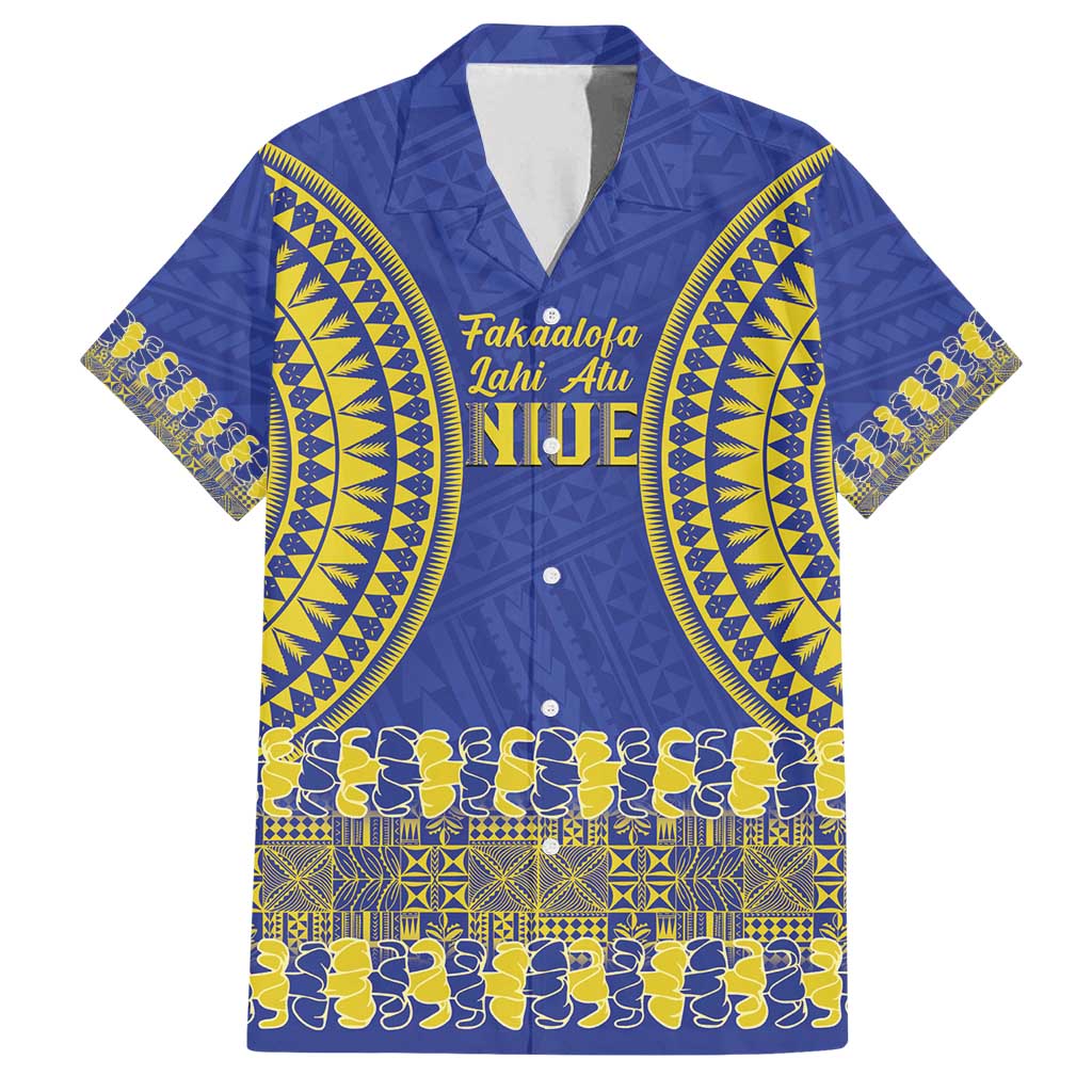 Fakaalofa Lahi Atu Niue Family Matching Tank Maxi Dress and Hawaiian Shirt Siapo Pattern With Puakenikeni LT14 Dad's Shirt - Short Sleeve Blue - Polynesian Pride