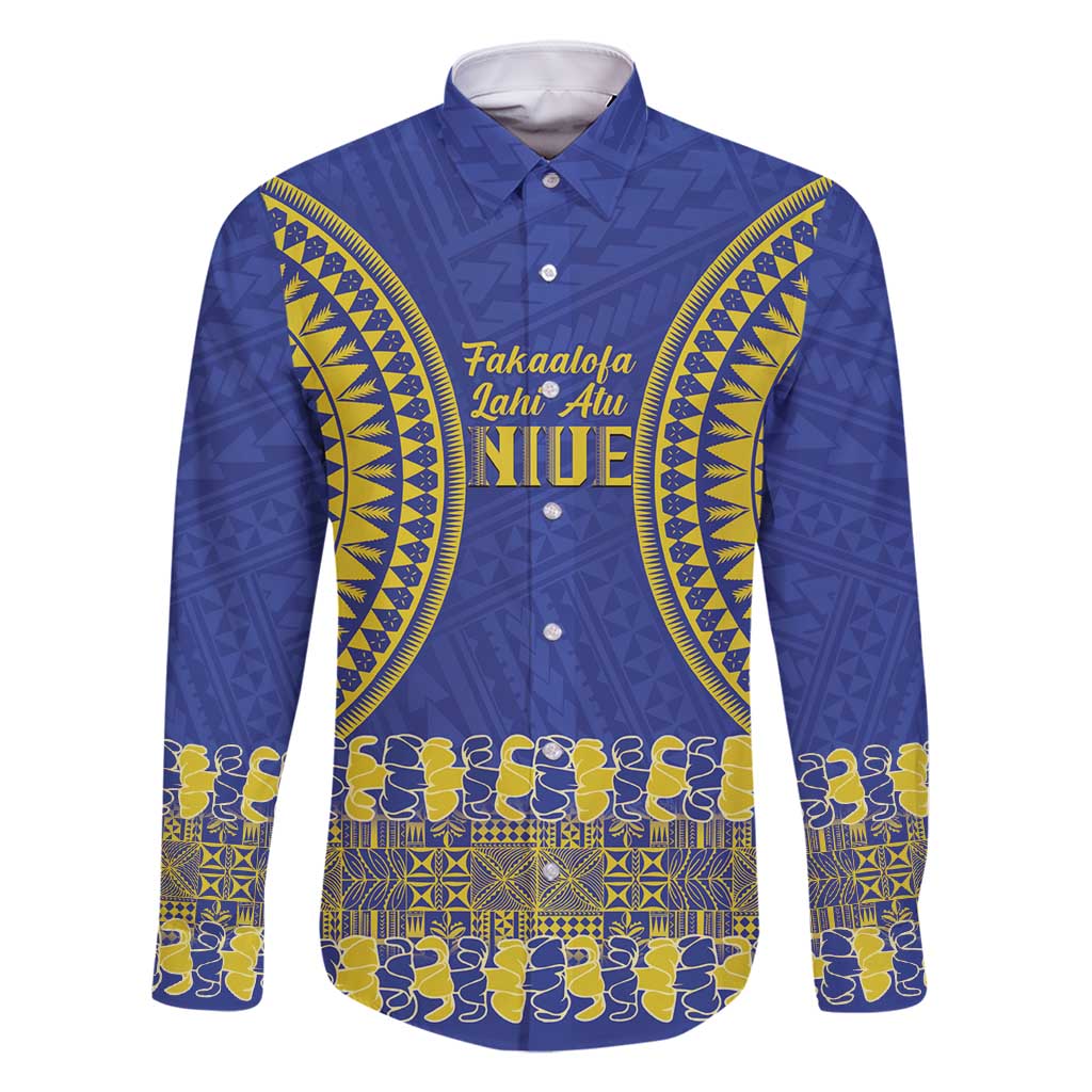 Fakaalofa Lahi Atu Niue Family Matching Tank Maxi Dress and Hawaiian Shirt Siapo Pattern With Puakenikeni LT14 Dad's Shirt - Long Sleeve Blue - Polynesian Pride