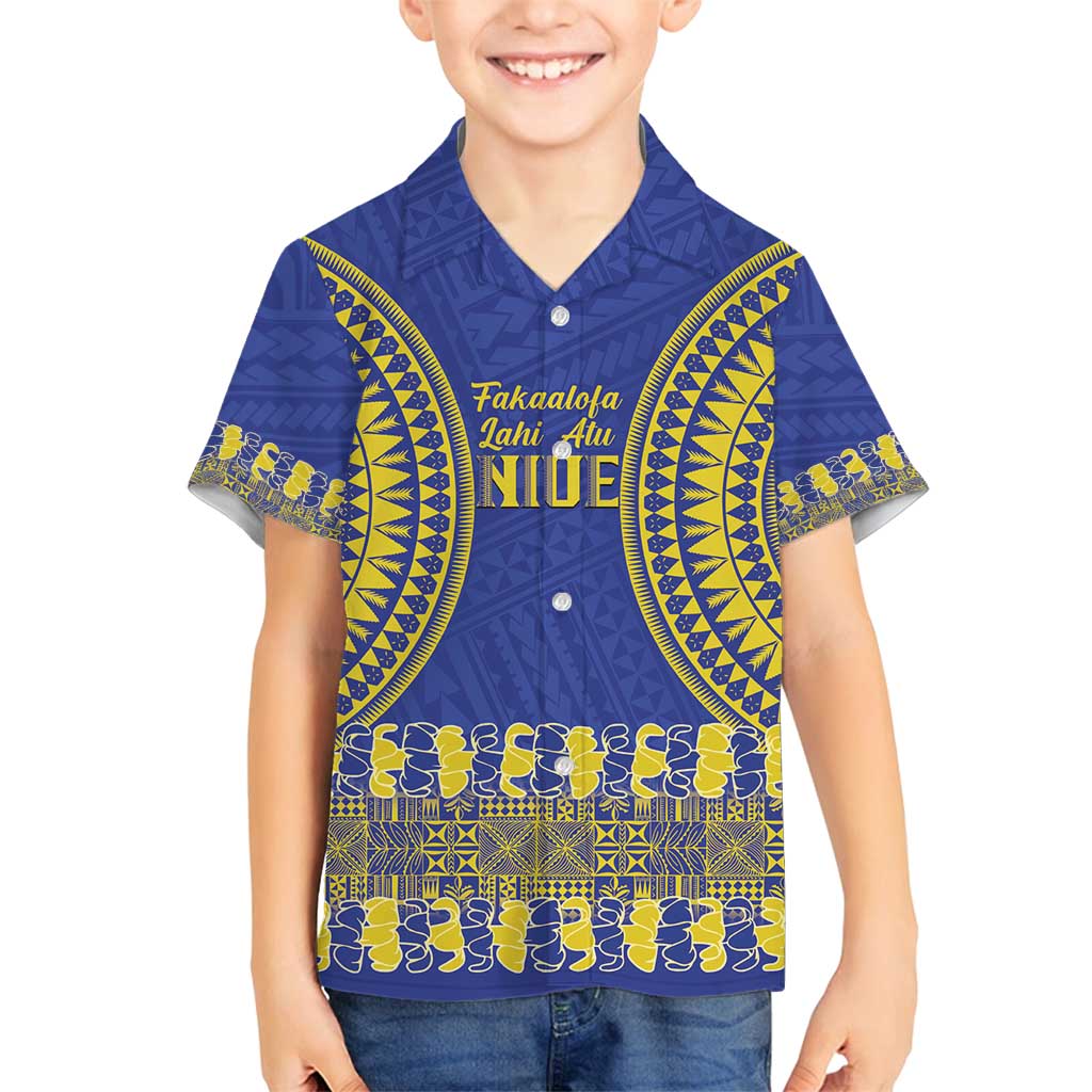 Fakaalofa Lahi Atu Niue Family Matching Tank Maxi Dress and Hawaiian Shirt Siapo Pattern With Puakenikeni LT14 Son's Shirt Blue - Polynesian Pride