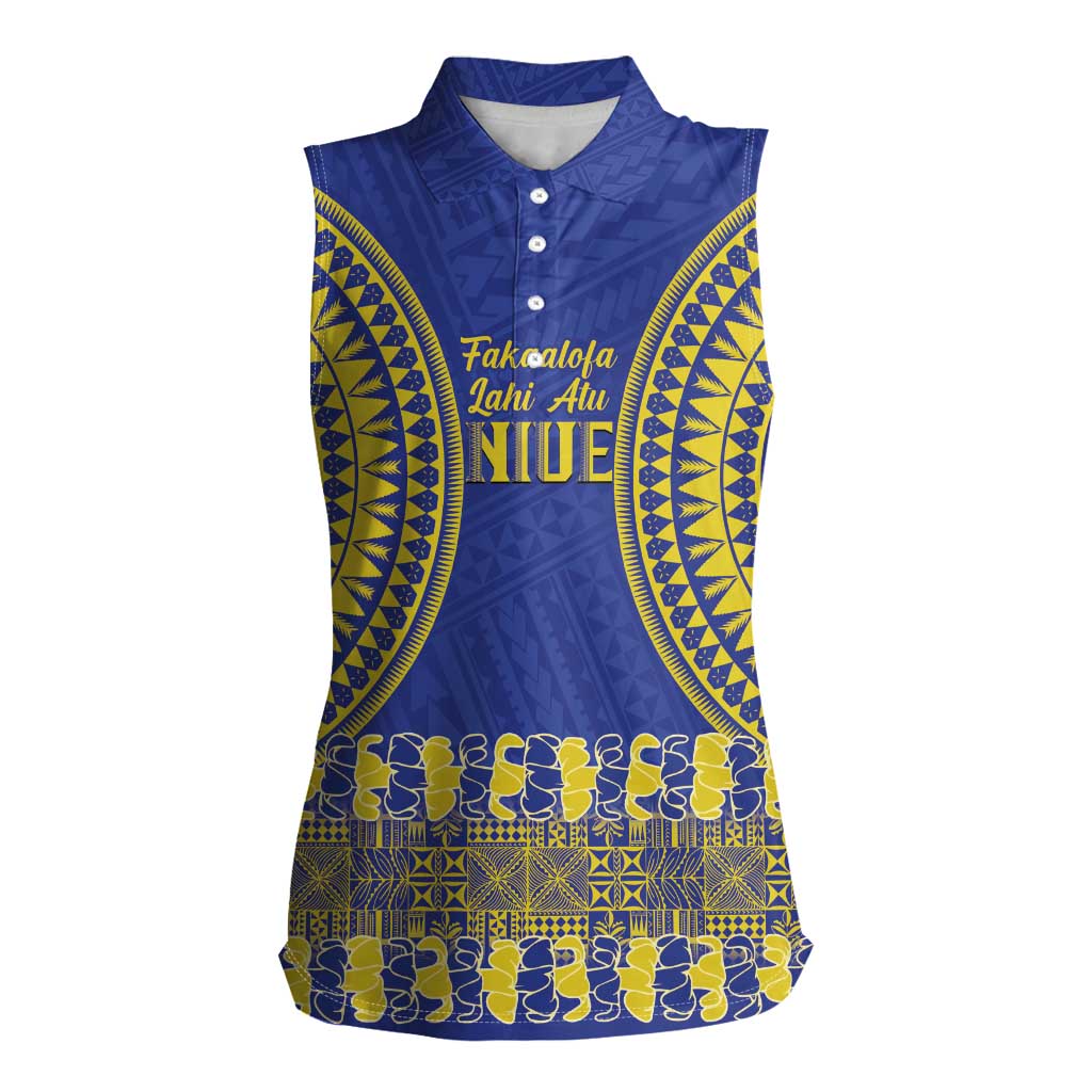 Fakaalofa Lahi Atu Niue Women Sleeveless Polo Shirt Siapo Pattern With Puakenikeni LT14 Female Blue - Polynesian Pride