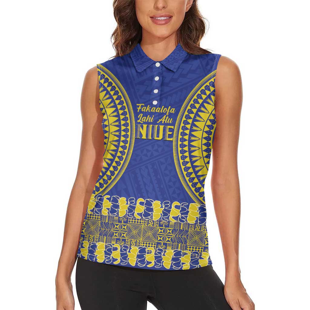 Fakaalofa Lahi Atu Niue Women Sleeveless Polo Shirt Siapo Pattern With Puakenikeni LT14 - Polynesian Pride