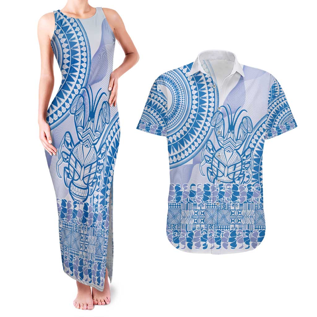 Niue Language Week Couples Matching Tank Maxi Dress and Hawaiian Shirt The Rock Coconut Crab - Siapo Blue Pastel LT14 Blue - Polynesian Pride