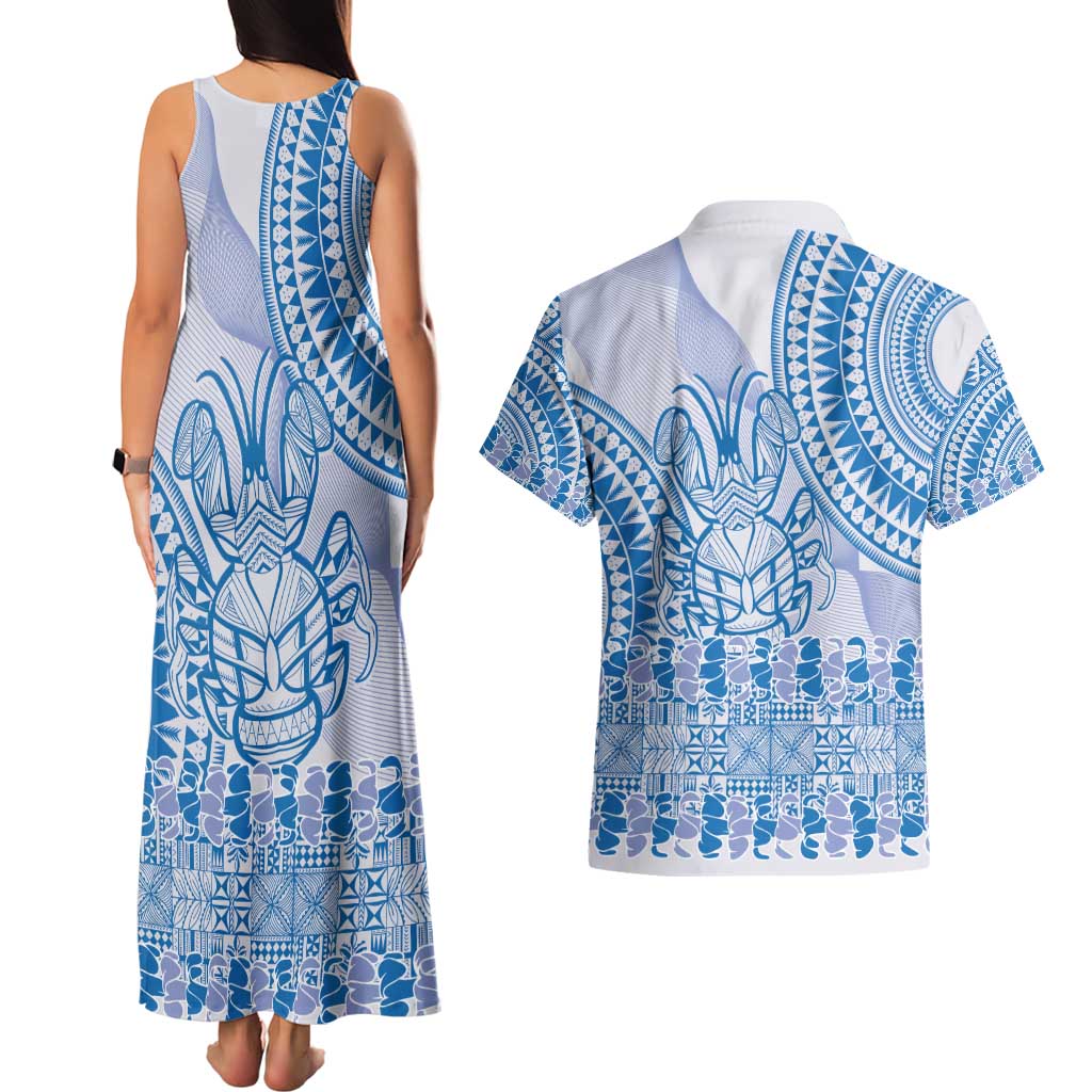 Niue Language Week Couples Matching Tank Maxi Dress and Hawaiian Shirt The Rock Coconut Crab - Siapo Blue Pastel LT14 - Polynesian Pride