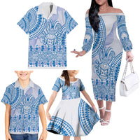 Niue Language Week Family Matching Off The Shoulder Long Sleeve Dress and Hawaiian Shirt The Rock Coconut Crab - Siapo Blue Pastel
