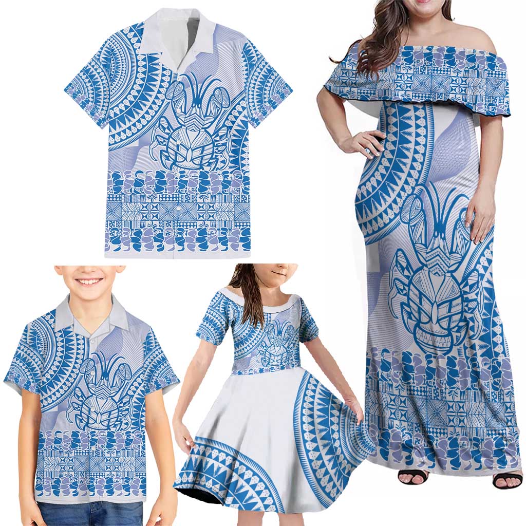 Niue Language Week Family Matching Off Shoulder Maxi Dress and Hawaiian Shirt The Rock Coconut Crab - Siapo Blue Pastel