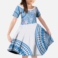 Niue Language Week Family Matching Puletasi and Hawaiian Shirt The Rock Coconut Crab - Siapo Blue Pastel LT14 Daughter's Dress Blue - Polynesian Pride