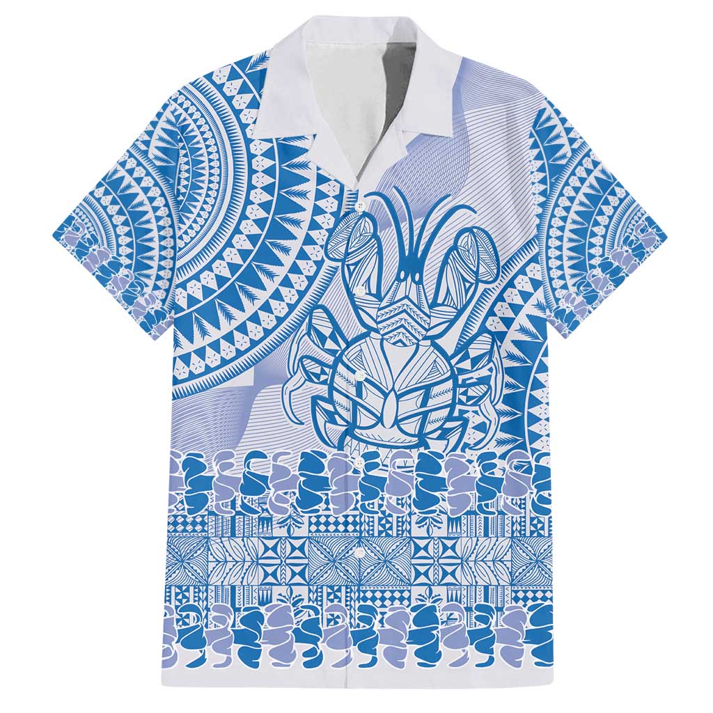 Niue Language Week Family Matching Puletasi and Hawaiian Shirt The Rock Coconut Crab - Siapo Blue Pastel LT14 Dad's Shirt - Short Sleeve Blue - Polynesian Pride