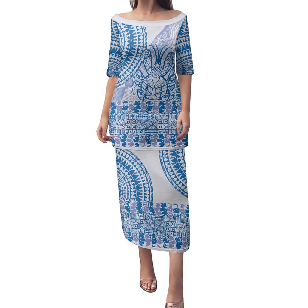 Niue Language Week Family Matching Puletasi and Hawaiian Shirt The Rock Coconut Crab - Siapo Blue Pastel LT14 Mom's Dress Blue - Polynesian Pride