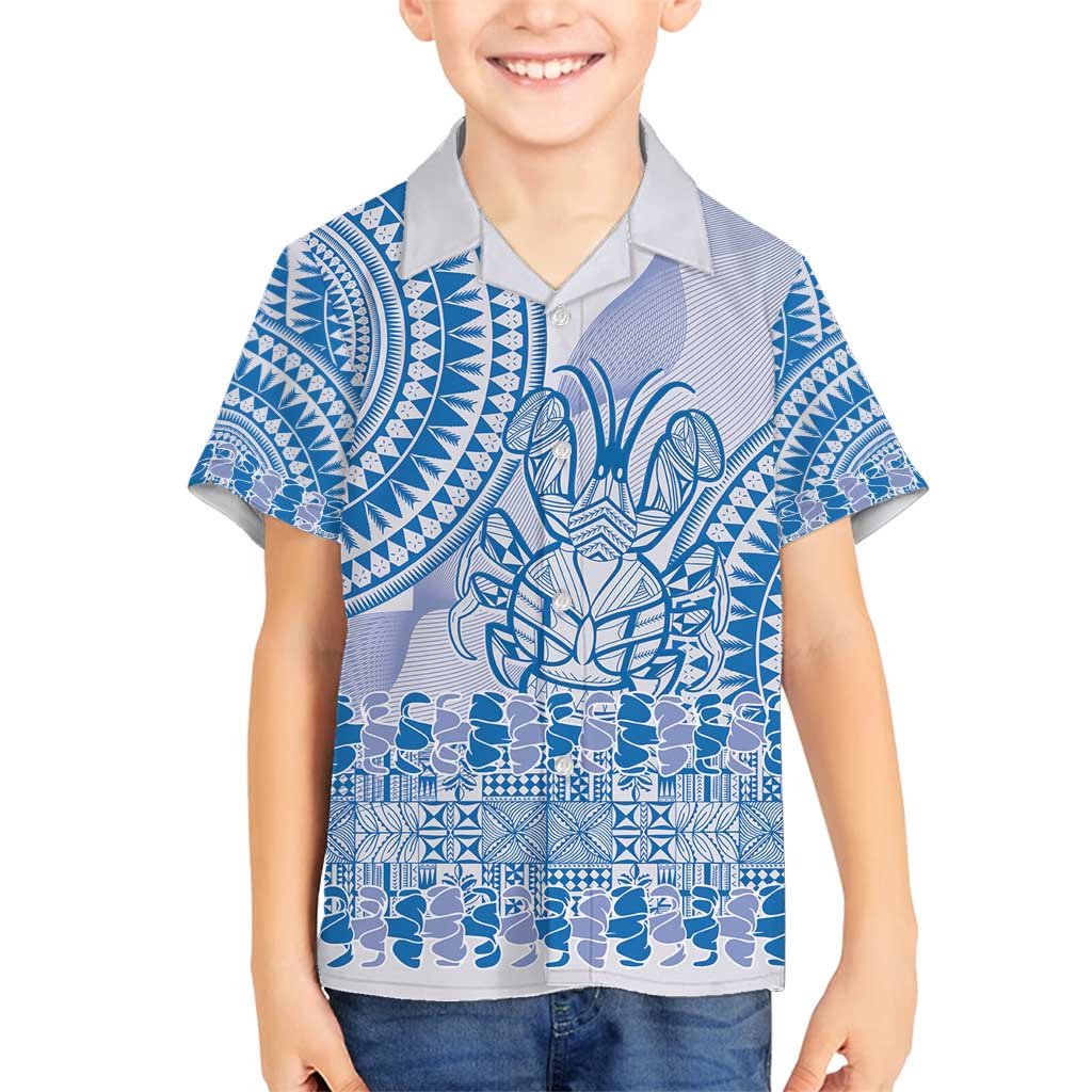 Niue Language Week Family Matching Puletasi and Hawaiian Shirt The Rock Coconut Crab - Siapo Blue Pastel LT14 Son's Shirt Blue - Polynesian Pride