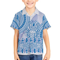 Niue Language Week Family Matching Puletasi and Hawaiian Shirt The Rock Coconut Crab - Siapo Blue Pastel LT14 Son's Shirt Blue - Polynesian Pride