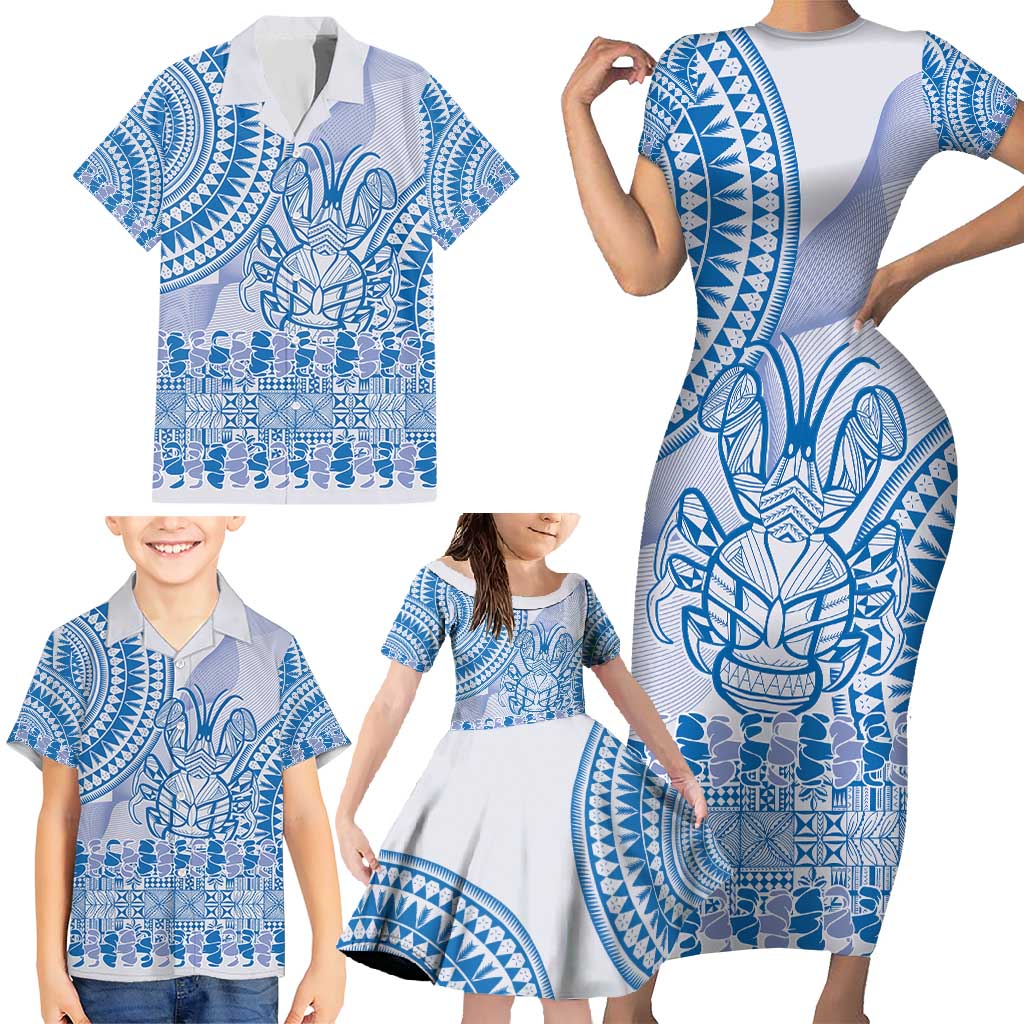 Niue Language Week Family Matching Short Sleeve Bodycon Dress and Hawaiian Shirt The Rock Coconut Crab - Siapo Blue Pastel