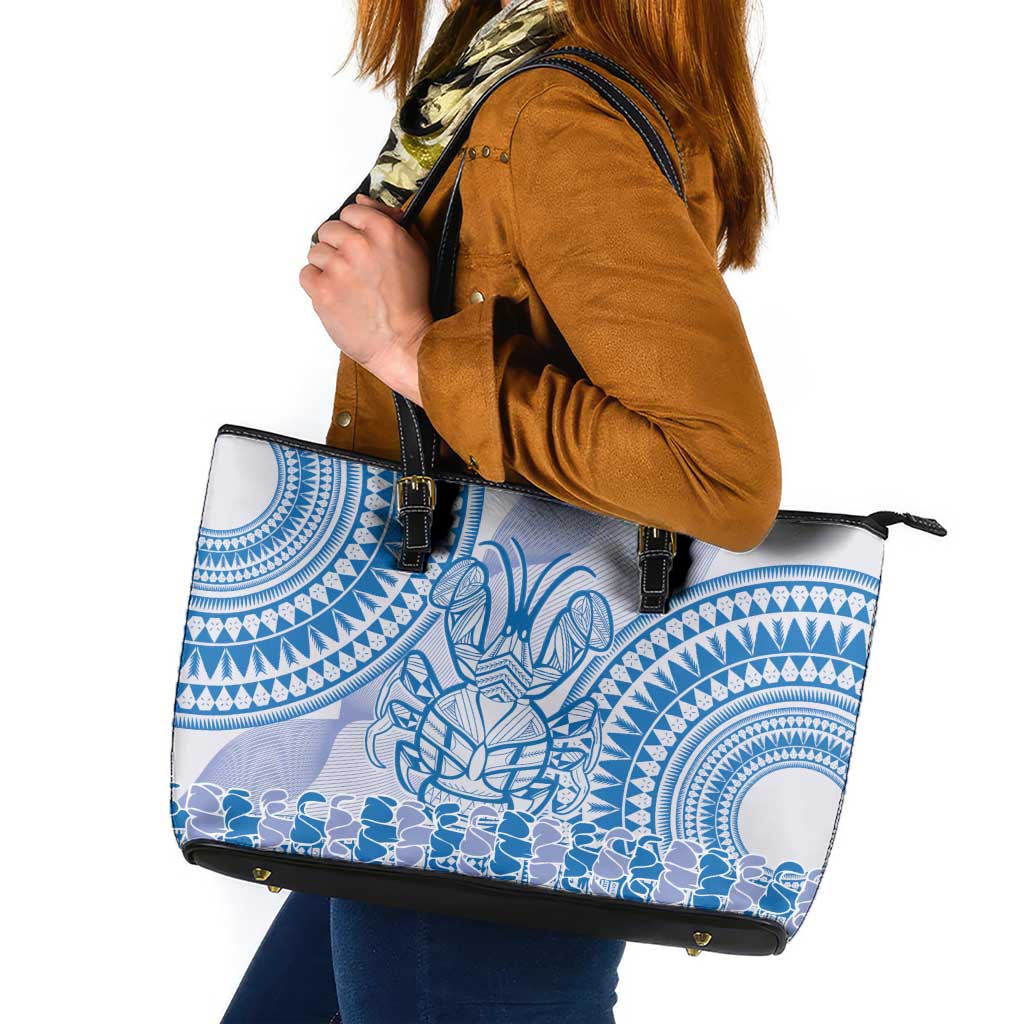 Niue Language Week Leather Tote Bag The Rock Coconut Crab - Siapo Blue Pastel LT14 Blue - Polynesian Pride