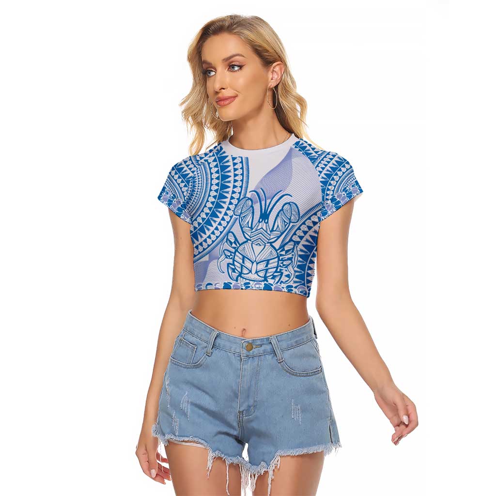 Niue Language Week Raglan Cropped T Shirt The Rock Coconut Crab - Siapo Blue Pastel LT14 Female Blue - Polynesian Pride