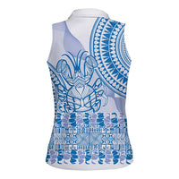 Niue Language Week Women Sleeveless Polo Shirt The Rock Coconut Crab - Siapo Blue Pastel LT14 - Polynesian Pride