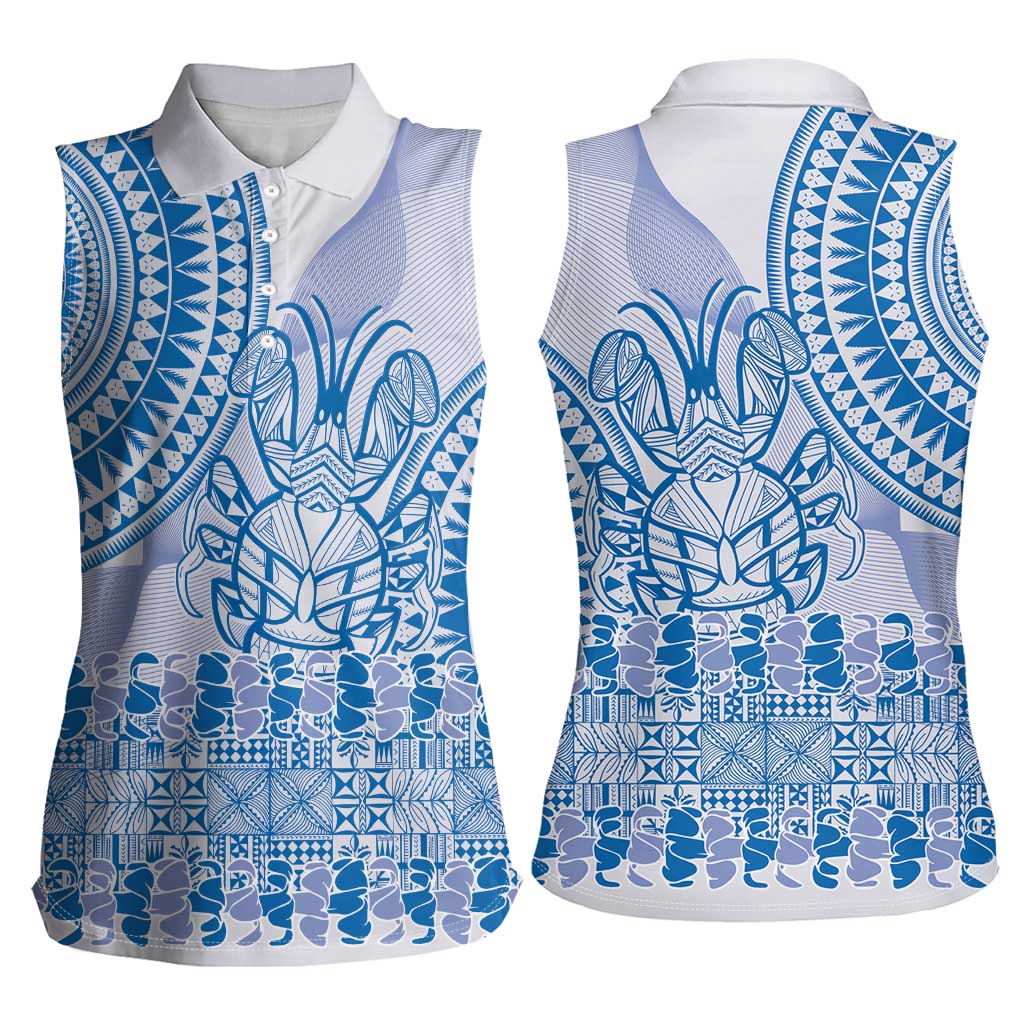 Niue Language Week Women Sleeveless Polo Shirt The Rock Coconut Crab - Siapo Blue Pastel LT14 - Polynesian Pride