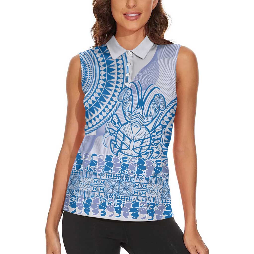 Niue Language Week Women Sleeveless Polo Shirt The Rock Coconut Crab - Siapo Blue Pastel LT14 - Polynesian Pride