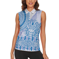 Niue Language Week Women Sleeveless Polo Shirt The Rock Coconut Crab - Siapo Blue Pastel LT14 - Polynesian Pride