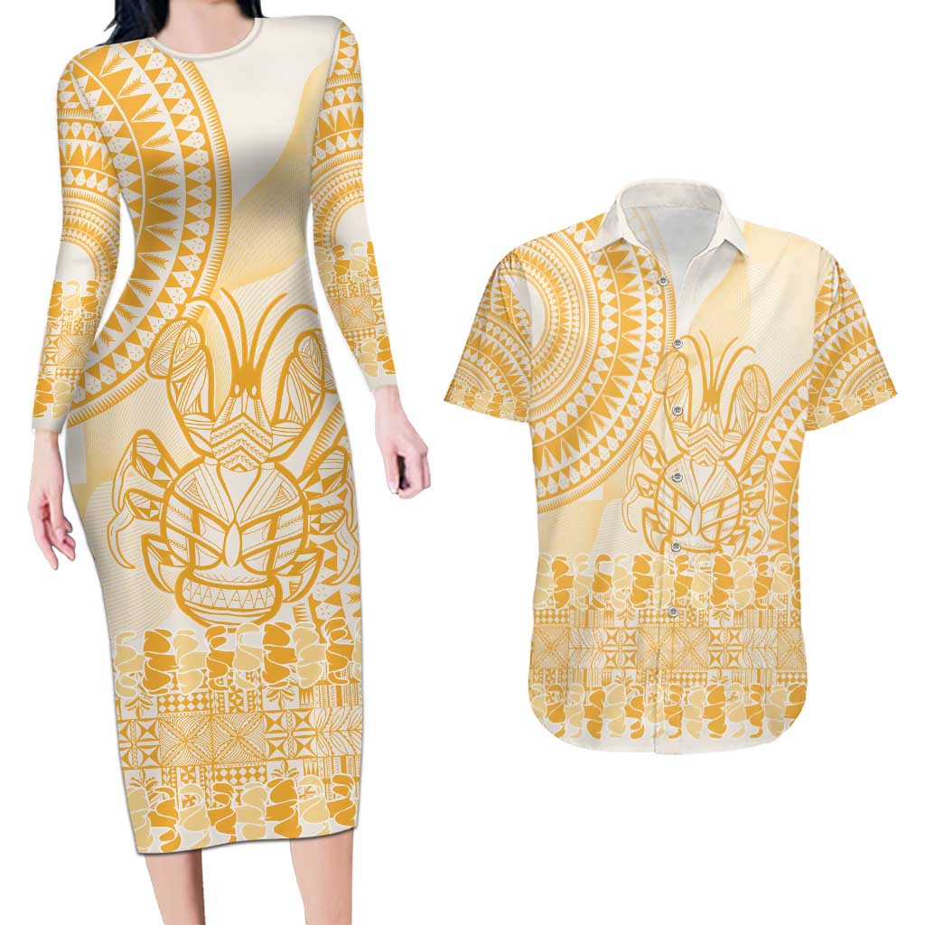 Niue Language Week Couples Matching Long Sleeve Bodycon Dress and Hawaiian Shirt The Rock Coconut Crab - Siapo Gold Pastel