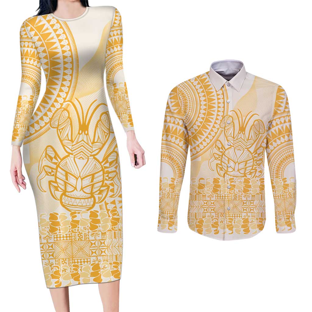 Niue Language Week Couples Matching Long Sleeve Bodycon Dress and Long Sleeve Button Shirt The Rock Coconut Crab - Siapo Gold Pastel