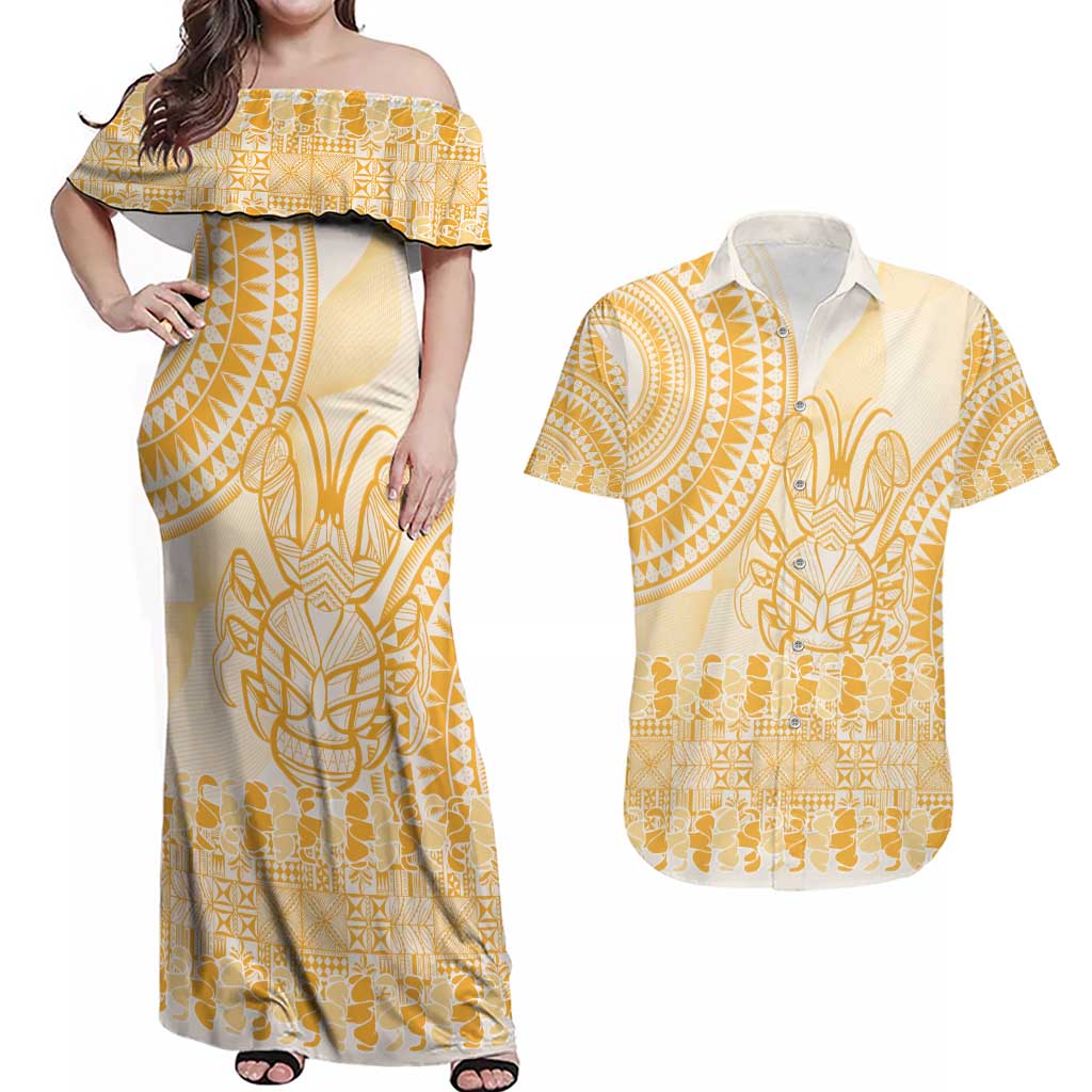 Niue Language Week Couples Matching Off Shoulder Maxi Dress and Hawaiian Shirt The Rock Coconut Crab - Siapo Gold Pastel LT14 Gold - Polynesian Pride