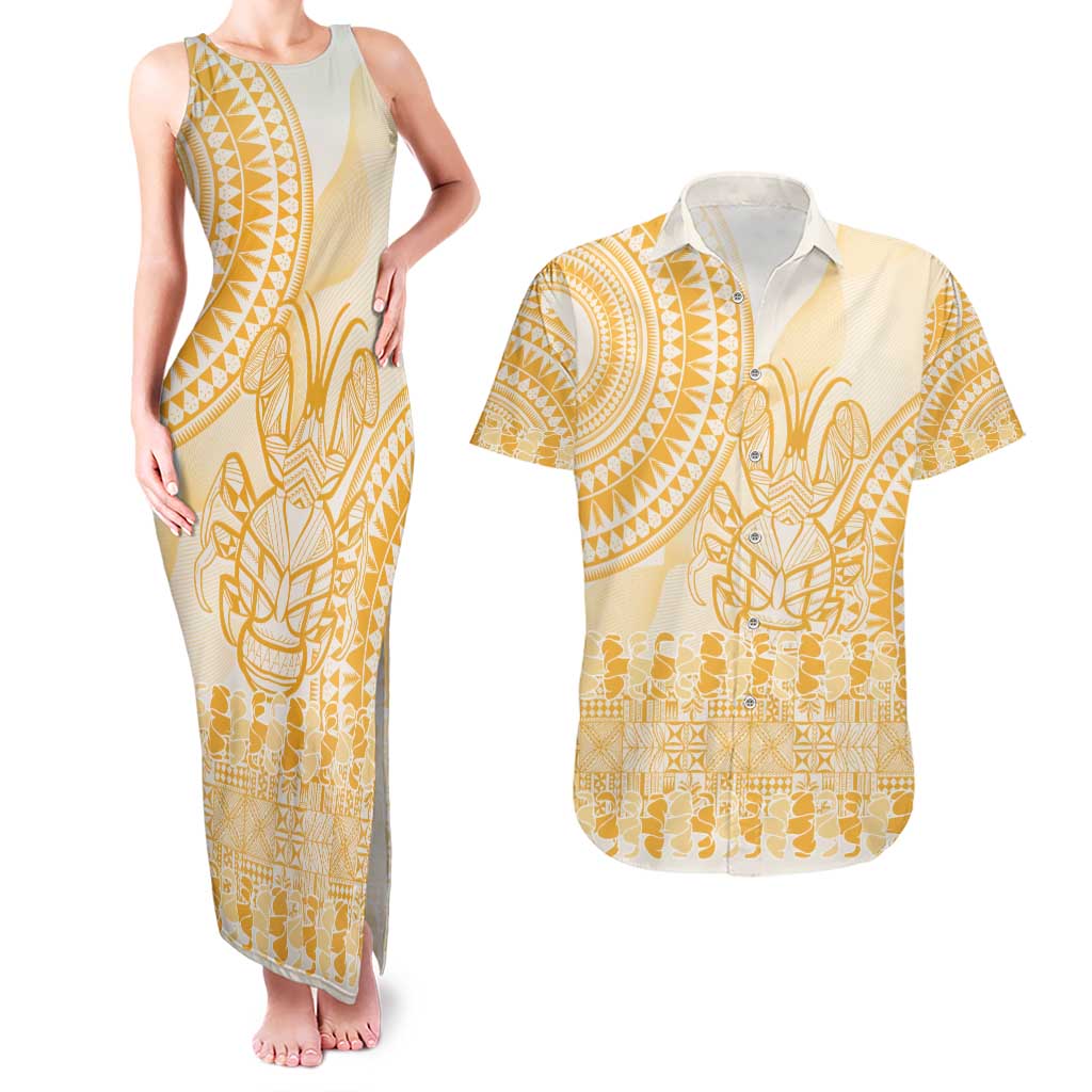 Niue Language Week Couples Matching Tank Maxi Dress and Hawaiian Shirt The Rock Coconut Crab - Siapo Gold Pastel LT14 Gold - Polynesian Pride