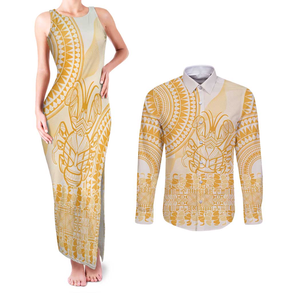 Niue Language Week Couples Matching Tank Maxi Dress and Long Sleeve Button Shirt The Rock Coconut Crab - Siapo Gold Pastel LT14 Gold - Polynesian Pride