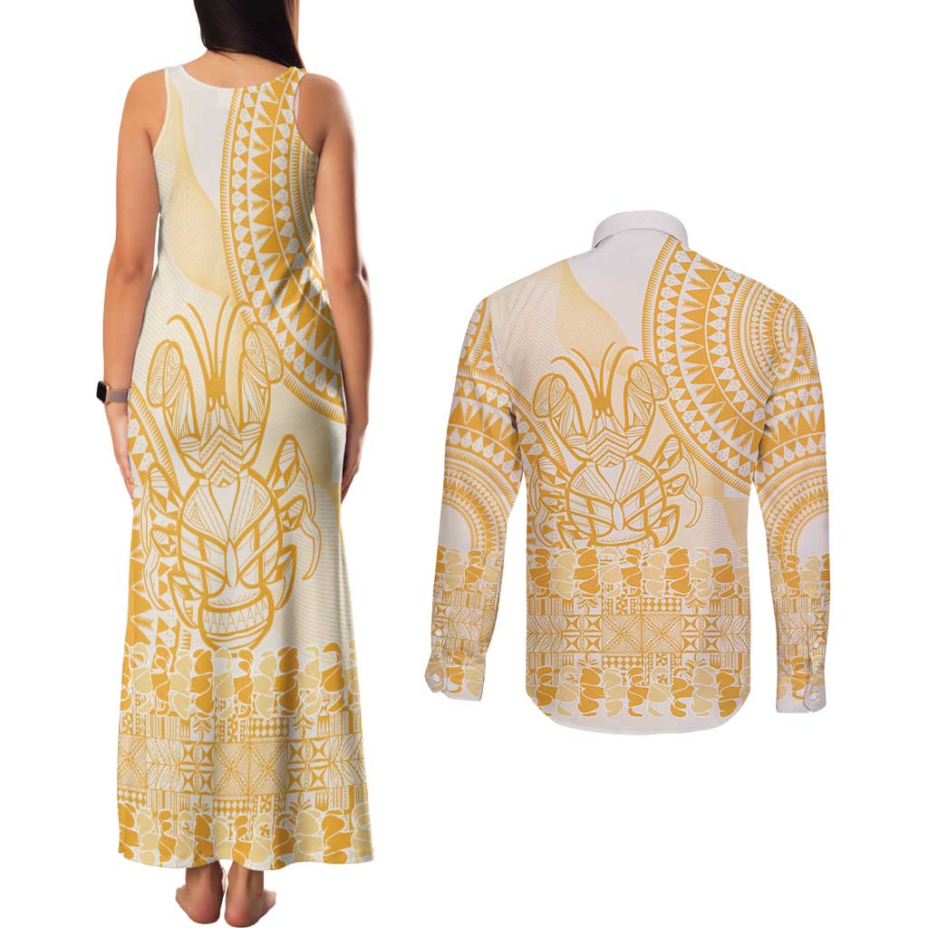 Niue Language Week Couples Matching Tank Maxi Dress and Long Sleeve Button Shirt The Rock Coconut Crab - Siapo Gold Pastel LT14 - Polynesian Pride
