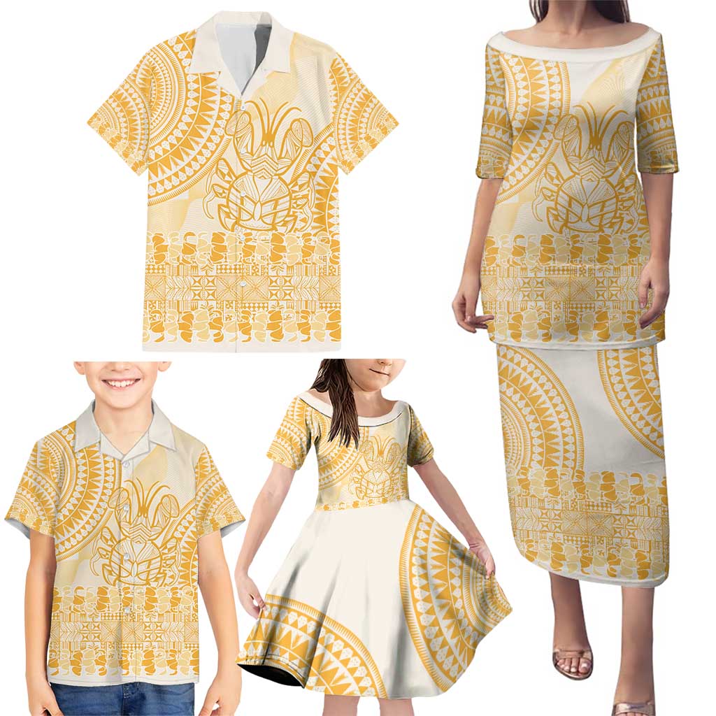Niue Language Week Family Matching Puletasi and Hawaiian Shirt The Rock Coconut Crab - Siapo Gold Pastel LT14 - Polynesian Pride