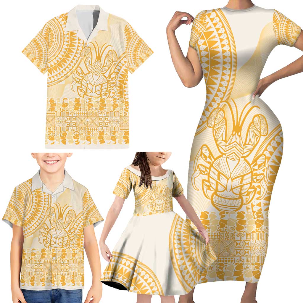 Niue Language Week Family Matching Short Sleeve Bodycon Dress and Hawaiian Shirt The Rock Coconut Crab - Siapo Gold Pastel