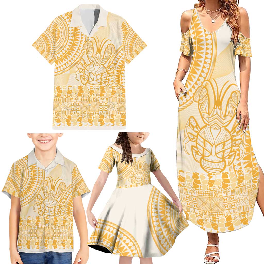 Niue Language Week Family Matching Summer Maxi Dress and Hawaiian Shirt The Rock Coconut Crab - Siapo Gold Pastel