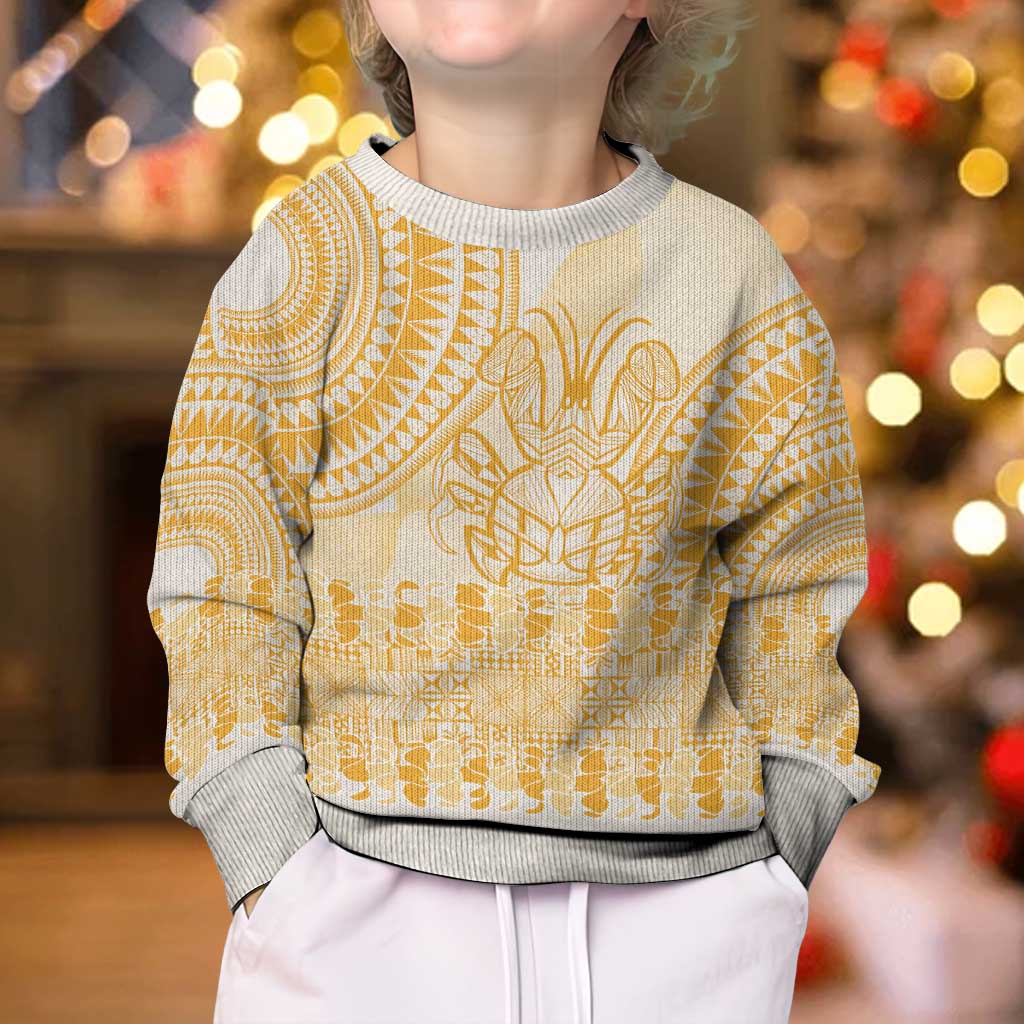Niue Language Week Kid Ugly Christmas Sweater The Rock Coconut Crab - Siapo Gold Pastel LT14 - Polynesian Pride