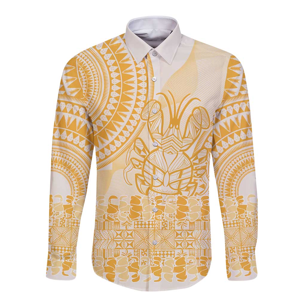 Niue Language Week Long Sleeve Button Shirt The Rock Coconut Crab - Siapo Gold Pastel LT14 Unisex Gold - Polynesian Pride