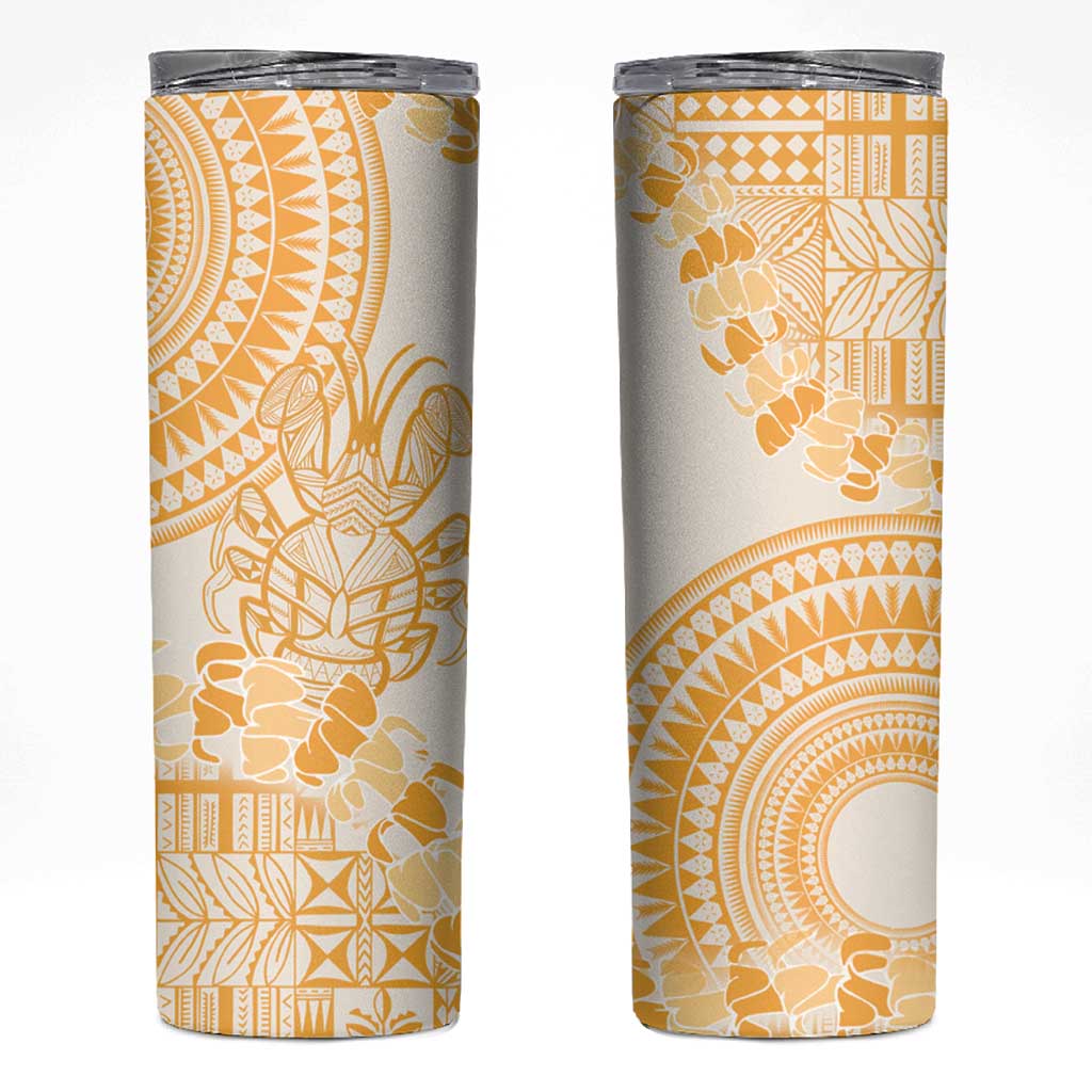 Niue Language Week Skinny Tumbler The Rock Coconut Crab - Siapo Gold Pastel LT14 Gold - Polynesian Pride