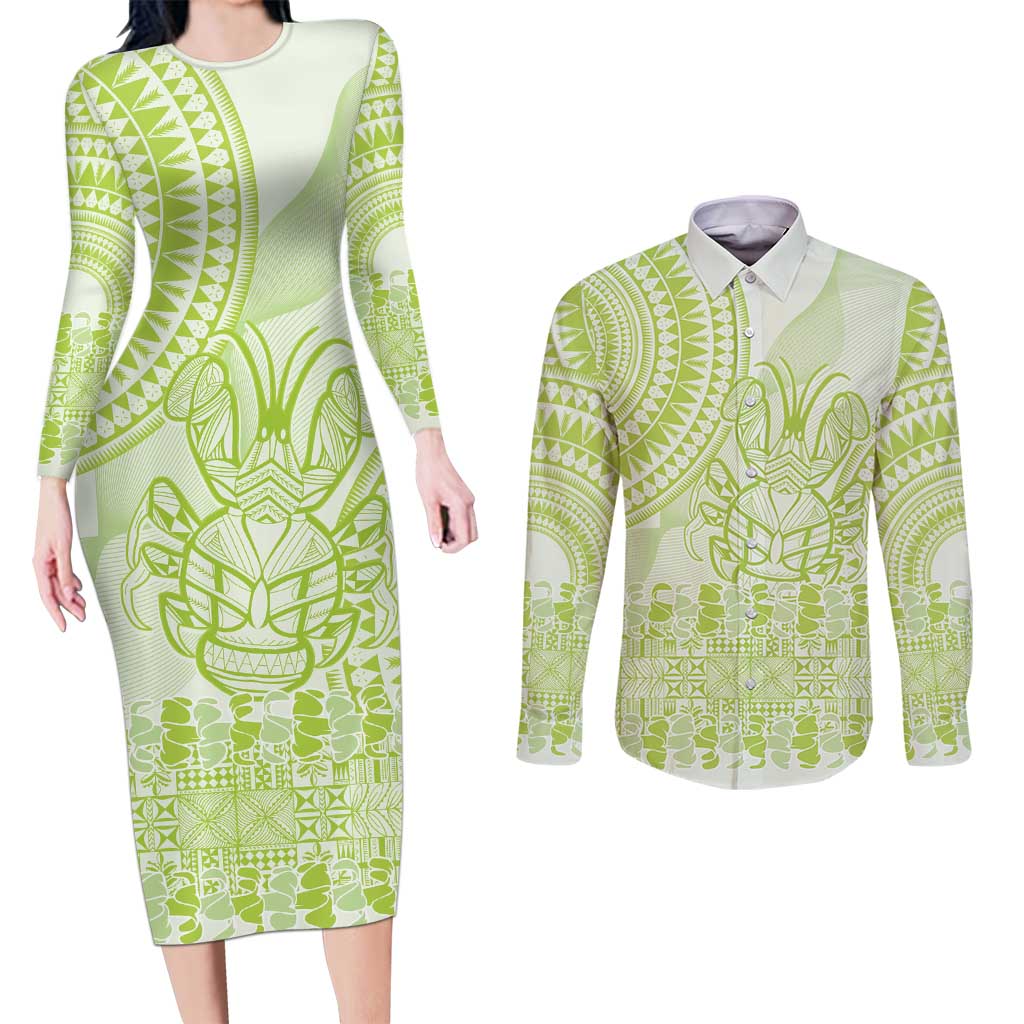 Lime Green Niue Language Week Couples Matching Long Sleeve Bodycon Dress and Long Sleeve Button Shirt The Rock Coconut Crab - Siapo Pattern