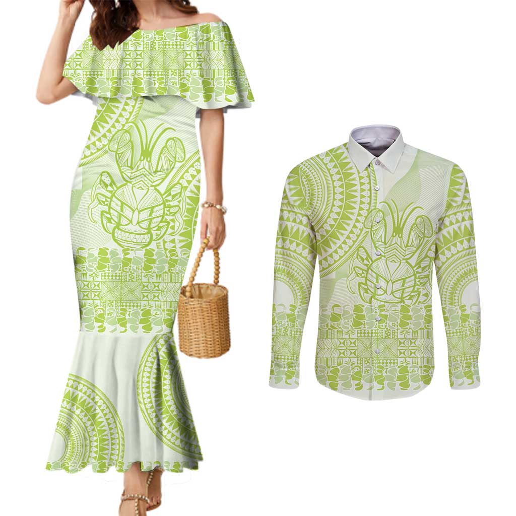 Lime Green Niue Language Week Couples Matching Mermaid Dress and Long Sleeve Button Shirt The Rock Coconut Crab - Siapo Pattern