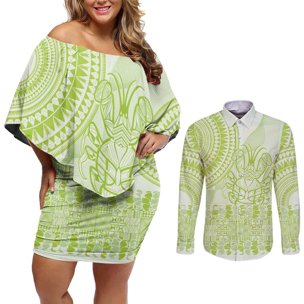 Lime Green Niue Language Week Couples Matching Off Shoulder Short Dress and Long Sleeve Button Shirt The Rock Coconut Crab - Siapo Pattern