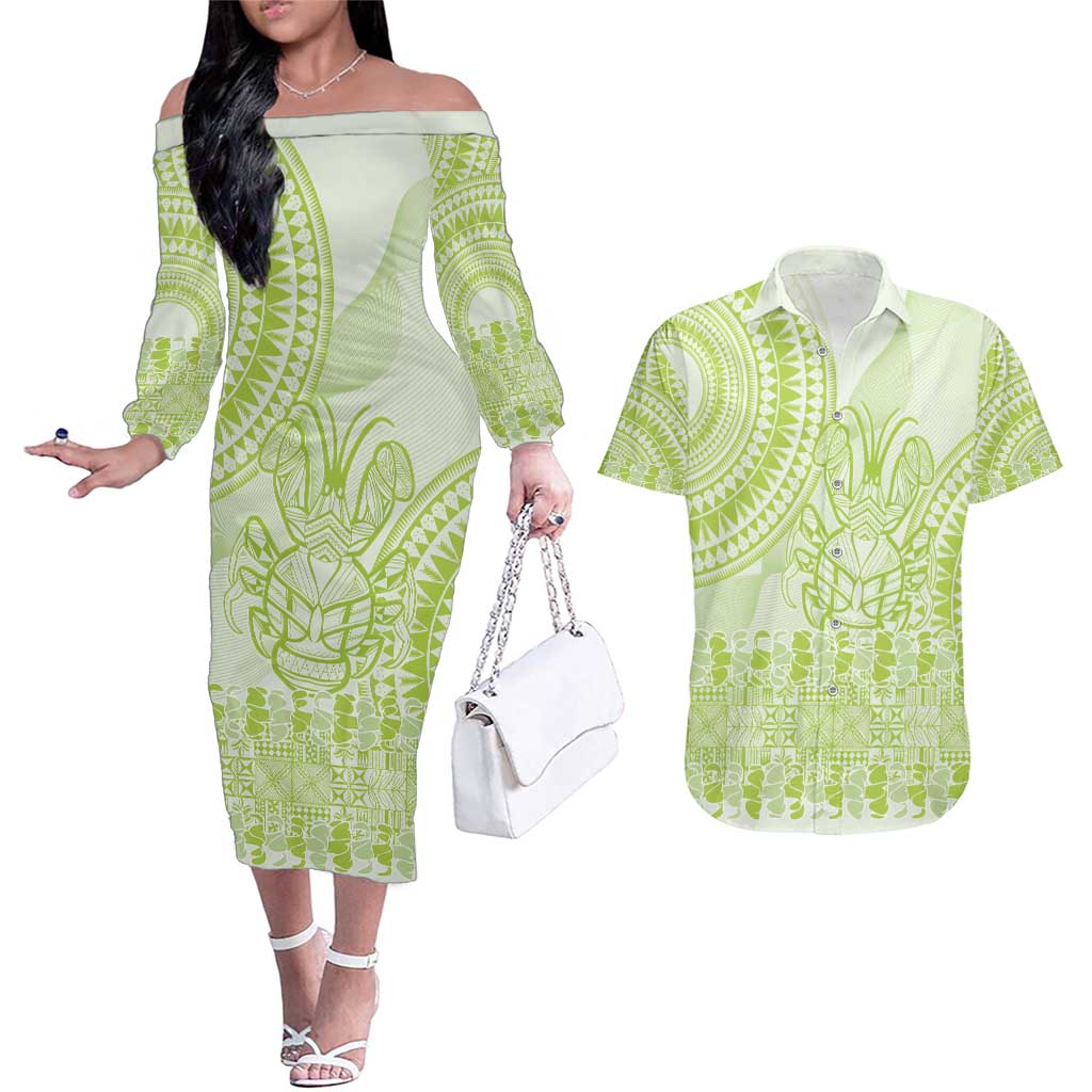 Lime Green Niue Language Week Couples Matching Off The Shoulder Long Sleeve Dress and Hawaiian Shirt The Rock Coconut Crab - Siapo Pattern