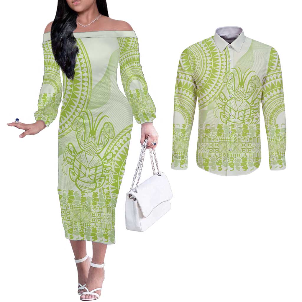 Lime Green Niue Language Week Couples Matching Off The Shoulder Long Sleeve Dress and Long Sleeve Button Shirt The Rock Coconut Crab - Siapo Pattern