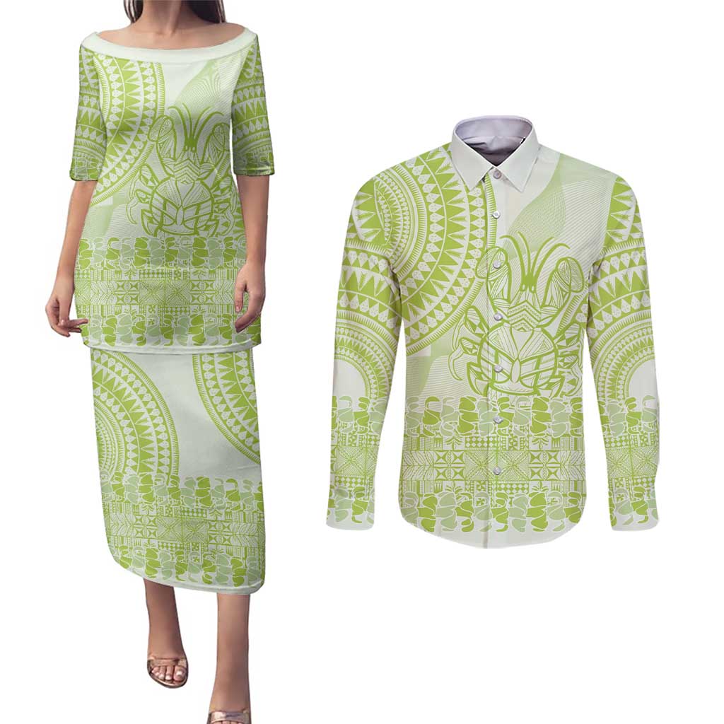 Lime Green Niue Language Week Couples Matching Puletasi and Long Sleeve Button Shirt The Rock Coconut Crab - Siapo Pattern