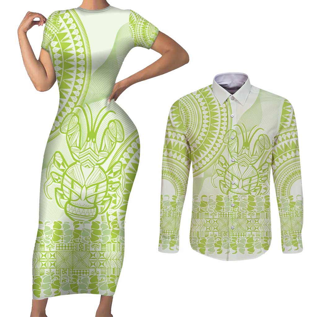 Lime Green Niue Language Week Couples Matching Short Sleeve Bodycon Dress and Long Sleeve Button Shirt The Rock Coconut Crab - Siapo Pattern