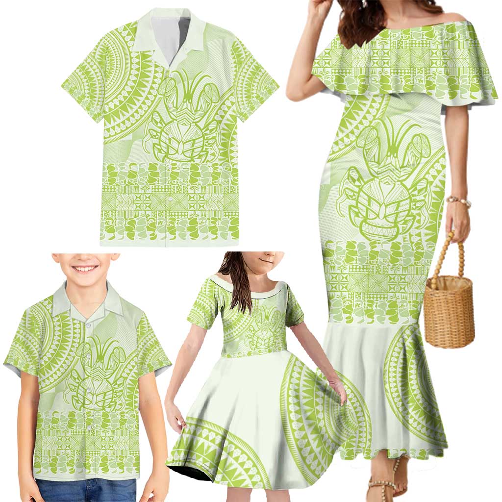 Lime Green Niue Language Week Family Matching Mermaid Dress and Hawaiian Shirt The Rock Coconut Crab - Siapo Pattern