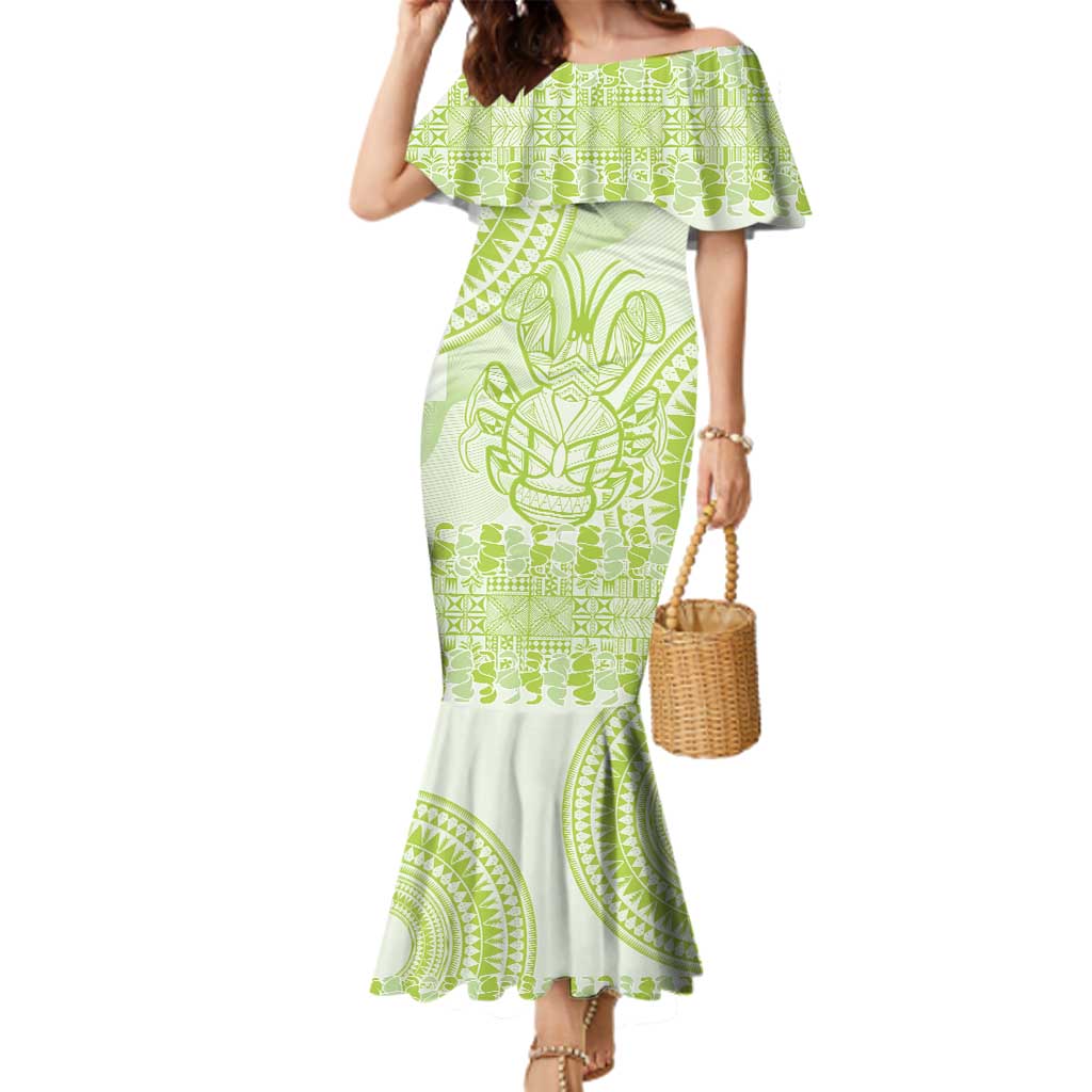 Lime Green Niue Language Week Family Matching Mermaid Dress and Hawaiian Shirt The Rock Coconut Crab - Siapo Pattern