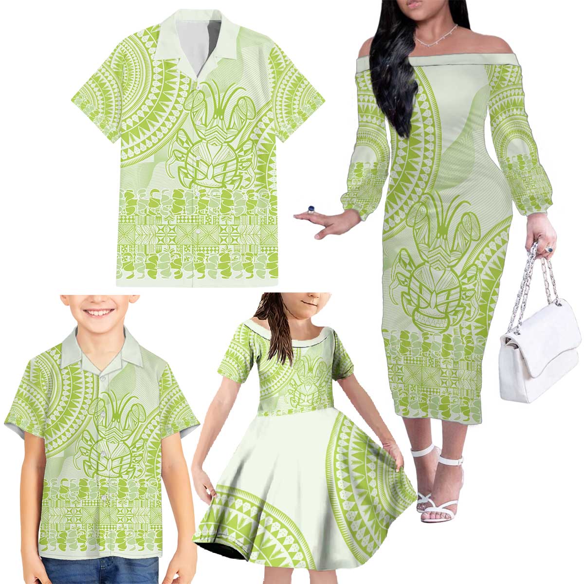 Lime Green Niue Language Week Family Matching Off The Shoulder Long Sleeve Dress and Hawaiian Shirt The Rock Coconut Crab - Siapo Pattern