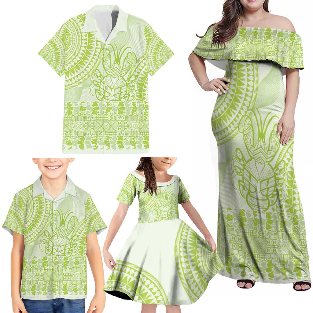 Lime Green Niue Language Week Family Matching Off Shoulder Maxi Dress and Hawaiian Shirt The Rock Coconut Crab - Siapo Pattern