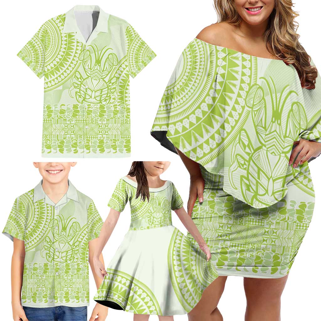 Lime Green Niue Language Week Family Matching Off Shoulder Short Dress and Hawaiian Shirt The Rock Coconut Crab - Siapo Pattern