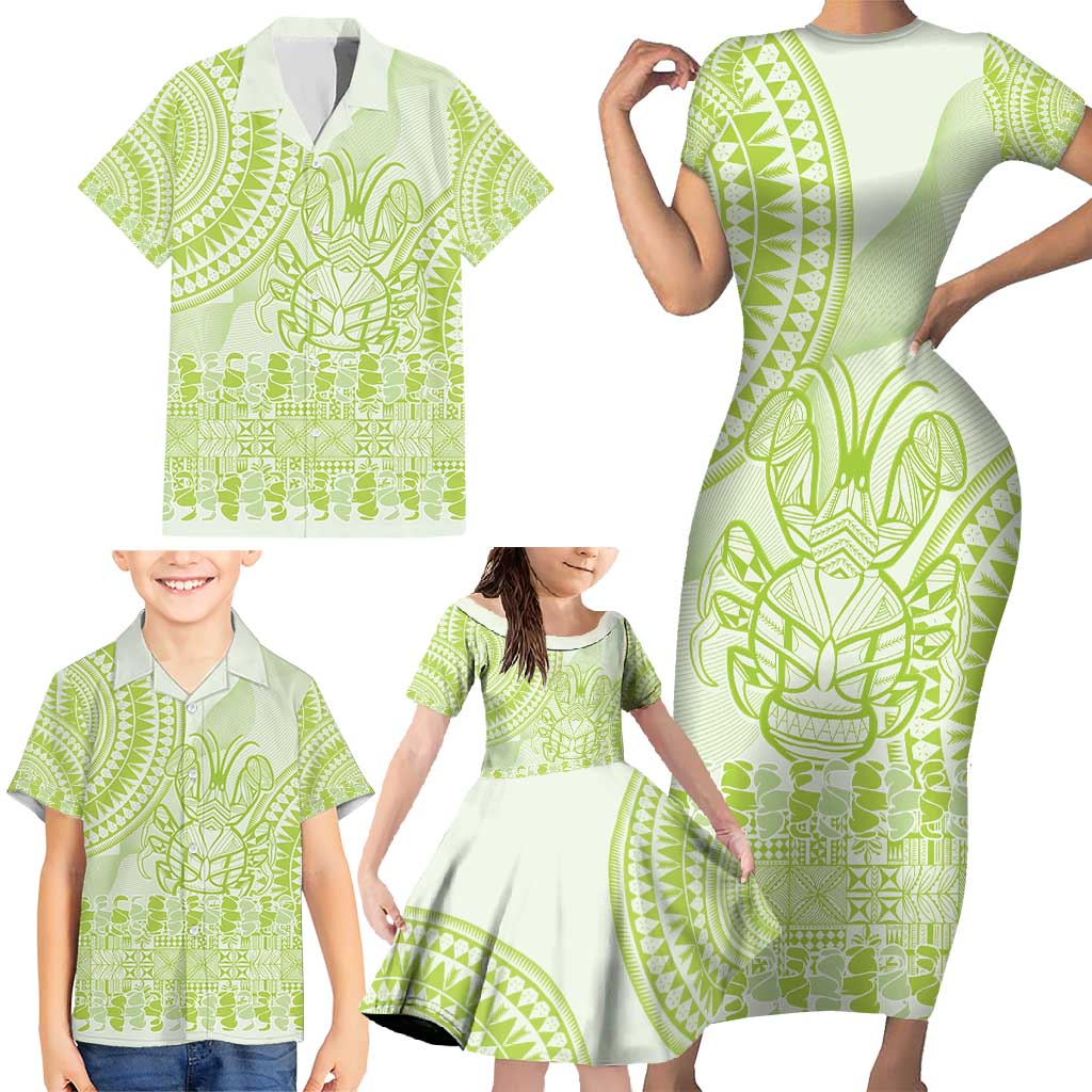 Lime Green Niue Language Week Family Matching Short Sleeve Bodycon Dress and Hawaiian Shirt The Rock Coconut Crab - Siapo Pattern