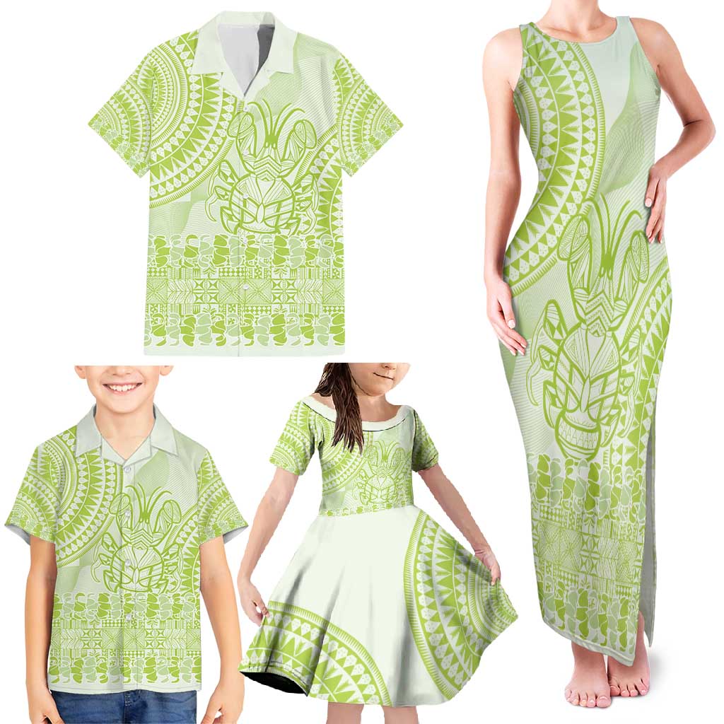 Lime Green Niue Language Week Family Matching Tank Maxi Dress and Hawaiian Shirt The Rock Coconut Crab - Siapo Pattern